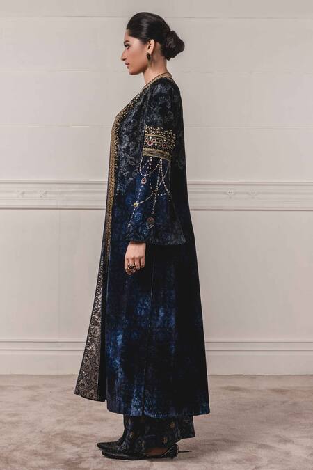 Tarun Tahiliani_Blue Silk, Velvet, Modal Satin Round Jacket And Pant Set_Online_at_Aza_Fashions