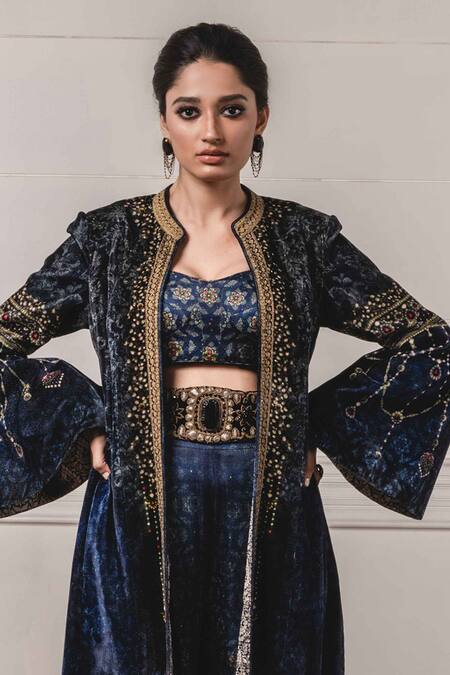 Buy_Tarun Tahiliani_Blue Silk, Velvet, Modal Satin Round Jacket And Pant Set_Online_at_Aza_Fashions