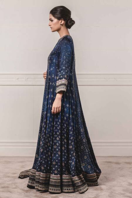 Tarun Tahiliani_Blue Sheer Silk, Velvet, Modal Satin Round Printed Anarkali Set_Online_at_Aza_Fashions