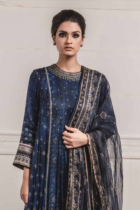 Buy_Tarun Tahiliani_Blue Sheer Silk, Velvet, Modal Satin Round Printed Anarkali Set_Online_at_Aza_Fashions