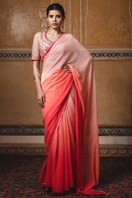 Tarun Tahiliani Peach Foil Raw Silk V Neck Embroidered Saree With Blouse 