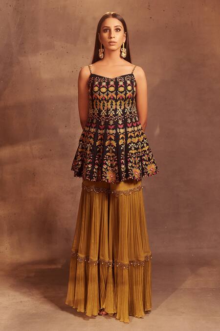 Aman Takyar Black Georgette Sweetheart Neck Embroidered Kurta And Sharara Online at Aza Fashions Aman Takyar_Black Georgette Sweetheart Neck Embroidered Kurta And Sharara _Online_at_Aza_Fashions