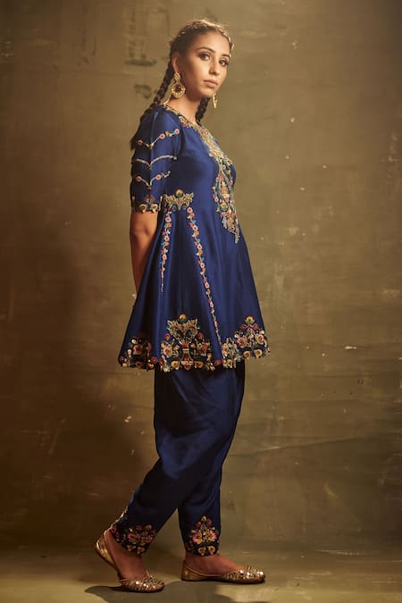 Aman Takyar Blue Dupion Silk Round Embroidered Kurta And Dhoti Pant Online at Aza Fashions Aman Takyar_Blue Dupion Silk Round Embroidered Kurta And Dhoti Pant _Online_at_Aza_Fashions