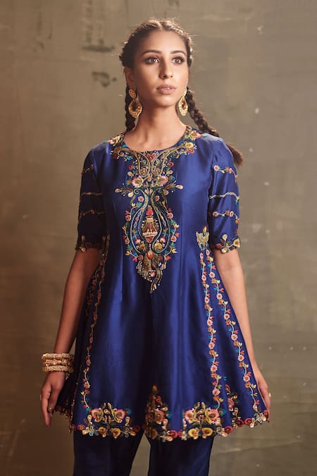 Buy Aman Takyar Blue Dupion Silk Round Embroidered Kurta And Dhoti Pant Online at Aza Fashions Buy_Aman Takyar_Blue Dupion Silk Round Embroidered Kurta And Dhoti Pant _Online_at_Aza_Fashions