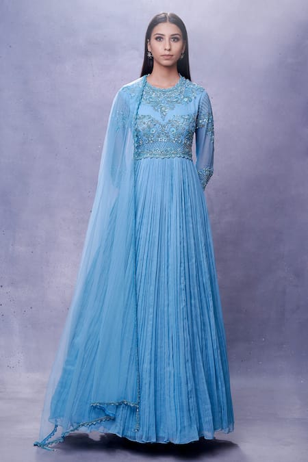 Aman Takyar Blue Georgette Round Embroidered Anarkali With Dupatta 