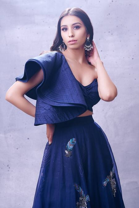 Buy Aman Takyar Blue Raw Silk, Georgette Sweetheart Neck Ruffle Blouse And Lehenga Set Online at Aza Fashions Buy_Aman Takyar_Blue Raw Silk, Georgette Sweetheart Neck Ruffle Blouse And Lehenga Set _Online_at_Aza_Fashions