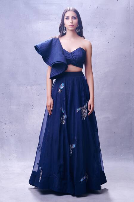 Aman Takyar Blue Raw Silk, Georgette Sweetheart Neck Ruffle Blouse And Lehenga Set Online at Aza Fashions Aman Takyar_Blue Raw Silk, Georgette Sweetheart Neck Ruffle Blouse And Lehenga Set _Online_at_Aza_Fashions
