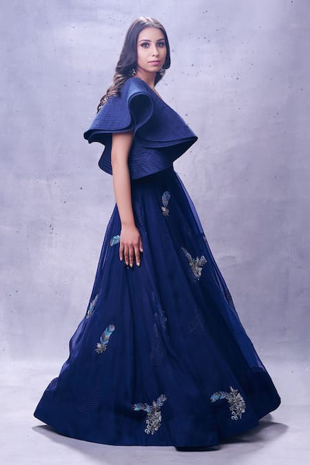 Shop Aman Takyar Blue Raw Silk, Georgette Sweetheart Neck Ruffle Blouse And Lehenga Set at Aza Fashions Shop_Aman Takyar_Blue Raw Silk, Georgette Sweetheart Neck Ruffle Blouse And Lehenga Set _at_Aza_Fashions