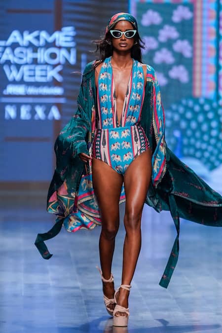 Limerick By Abirr N' Nanki_Green Crepe Architectural, Figurine, Moroccan Open Xavier Printed Kaftan _Online_at_Aza_Fashions