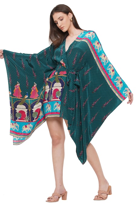 Buy_Limerick By Abirr N' Nanki_Green Crepe Architectural, Figurine, Moroccan Open Xavier Printed Kaftan _Online_at_Aza_Fashions