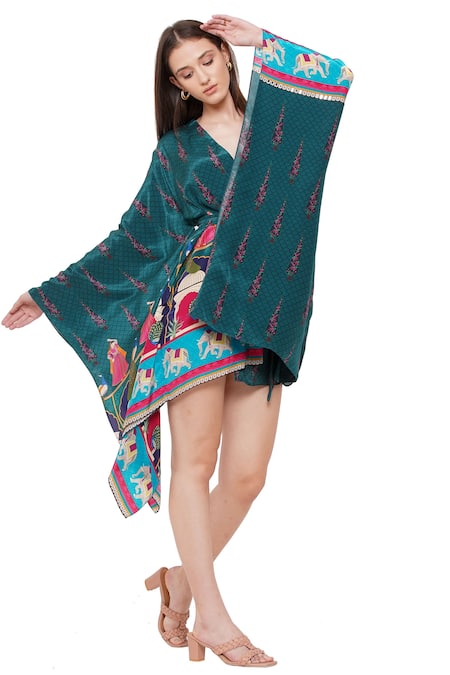 Shop_Limerick By Abirr N' Nanki_Green Crepe Architectural, Figurine, Moroccan Open Xavier Printed Kaftan _Online_at_Aza_Fashions