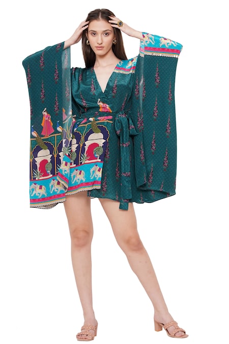 Limerick By Abirr N' Nanki_Green Crepe Architectural, Figurine, Moroccan Open Xavier Printed Kaftan _at_Aza_Fashions