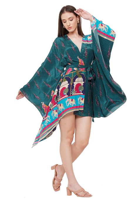 Limerick By Abirr N' Nanki Green Crepe Architectural, Figurine, Moroccan Open Xavier Printed Kaftan