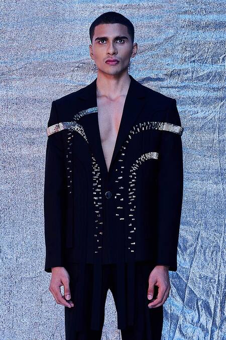 Line Out Line_Black Cotton Embroidered Sequin And Patch Work Arch Panelled Jacket_at_Aza_Fashions