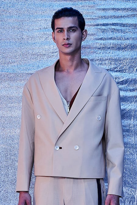 Buy_Line out line_Cream Cotton Plain Double Breasted Crop Blazer_Online_at_Aza_Fashions