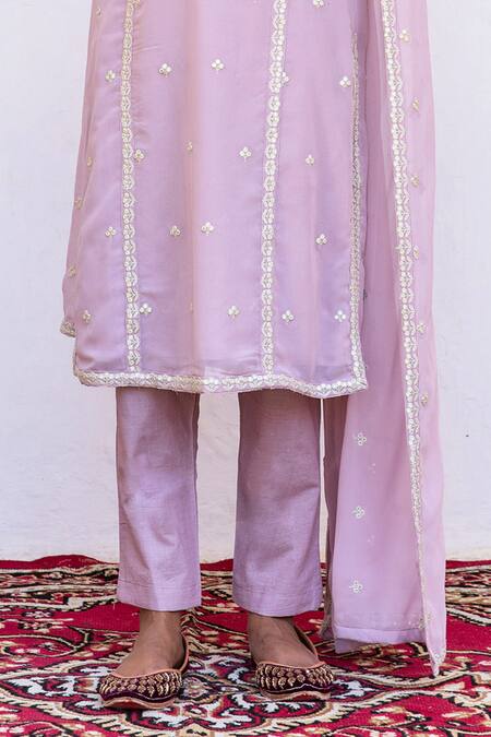 Gulabo Jaipur Peach Kurta And Dupatta Georgette, Pant Cotton Floral Jhalak Embroidered Set at Aza Fashions Gulabo Jaipur_Peach Kurta And Dupatta Georgette, Pant Cotton Floral Jhalak Embroidered Set_at_Aza_Fashions