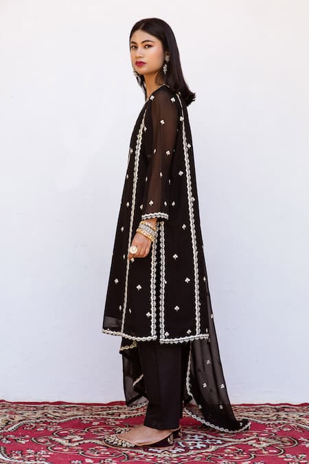 Gulabo Jaipur_Black Kurta And Dupatta Georgette, Pant Cotton Floral Jhalak Embroidered Set _Online_at_Aza_Fashions