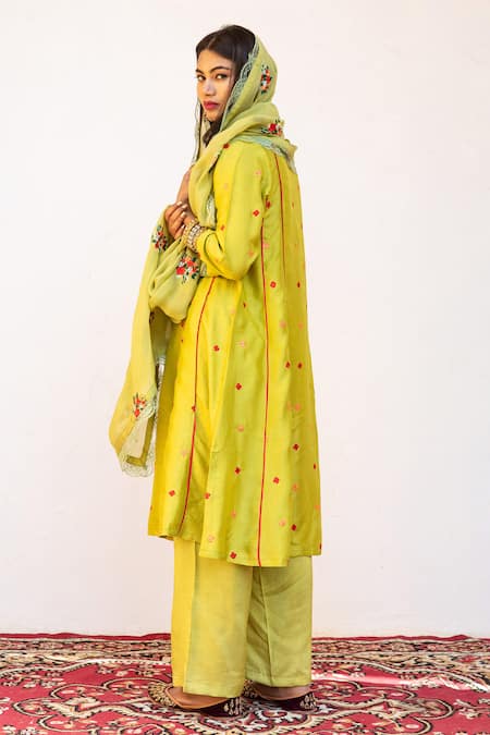 Shop_Gulabo Jaipur_Green Dupatta Organza, Kurta And Pant Raw Silk Floral Amaira Embroidered Set _at_Aza_Fashions