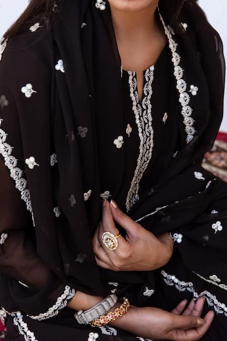 Gulabo Jaipur_Black Kurta And Dupatta Georgette, Pant Cotton Floral Jhalak Embroidered Set _at_Aza_Fashions
