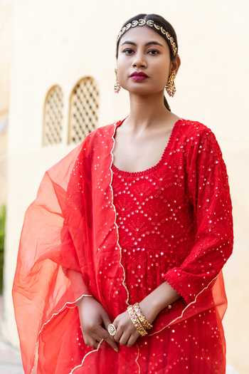 Shop_Gulabo Jaipur_Red Damini Mirror Embroidered Anarkali Set_Online_at_Aza_Fashions