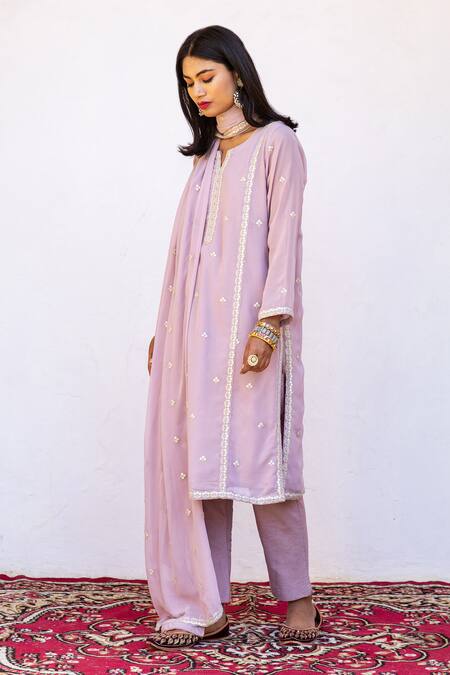 Gulabo Jaipur Peach Kurta And Dupatta Georgette, Pant Cotton Floral Jhalak Embroidered Set Online at Aza Fashions Gulabo Jaipur_Peach Kurta And Dupatta Georgette, Pant Cotton Floral Jhalak Embroidered Set_Online_at_Aza_Fashions