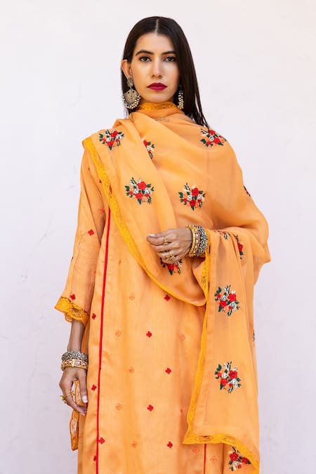 Shop_Gulabo Jaipur_Orange Dupatta Organza, Kurta And Pant Raw Silk Floral Amaira Embroidered Set _Online_at_Aza_Fashions