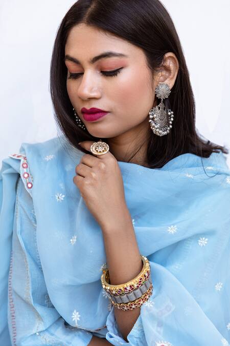 Shop_Gulabo Jaipur_Blue Dupatta Organza, Kurta And Pant Raw Silk Floral Barkha Embroidered Set_Online_at_Aza_Fashions