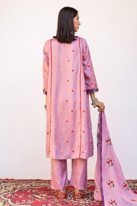 Shop_Gulabo Jaipur_Purple Dupatta Organza, Kurta And Pant Raw Silk Floral Amaira Embroidered Set _at_Aza_Fashions