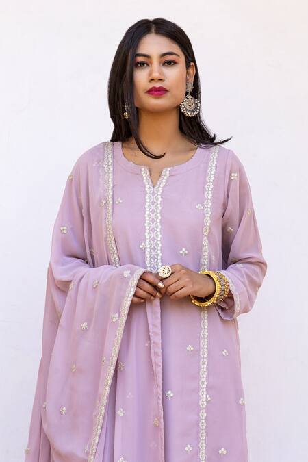 Shop Gulabo Jaipur Peach Kurta And Dupatta Georgette, Pant Cotton Floral Jhalak Embroidered Set Online at Aza Fashions Shop_Gulabo Jaipur_Peach Kurta And Dupatta Georgette, Pant Cotton Floral Jhalak Embroidered Set_Online_at_Aza_Fashions