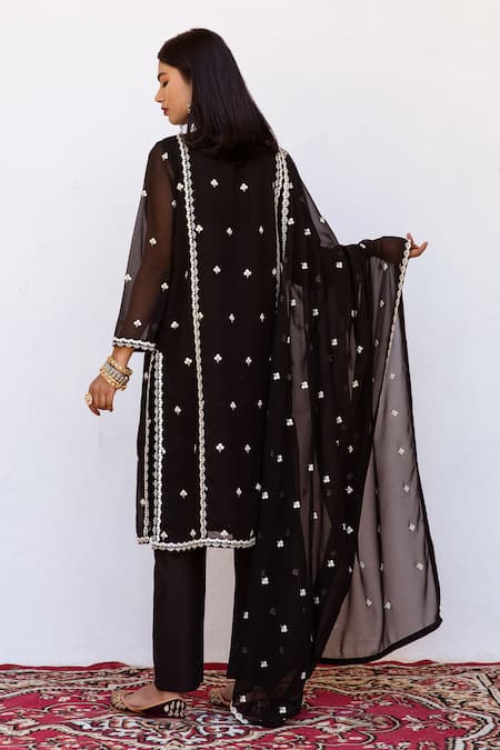 Shop_Gulabo Jaipur_Black Kurta And Dupatta Georgette, Pant Cotton Floral Jhalak Embroidered Set _at_Aza_Fashions