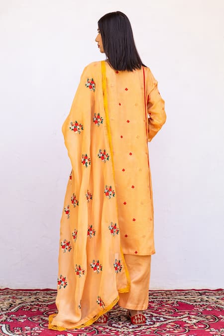 Shop_Gulabo Jaipur_Orange Dupatta Organza, Kurta And Pant Raw Silk Floral Amaira Embroidered Set _at_Aza_Fashions