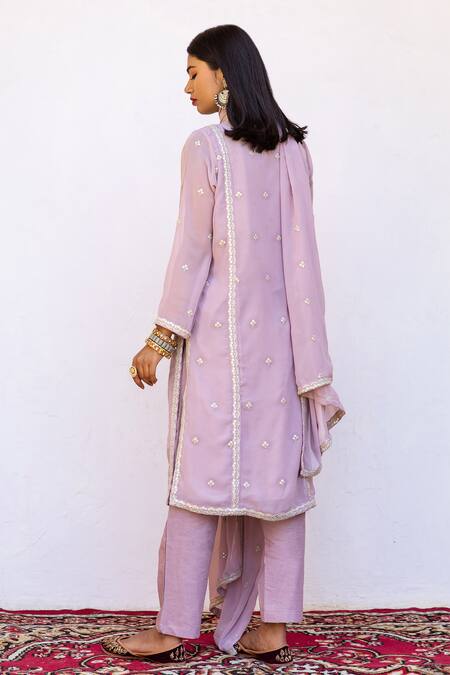 Shop Gulabo Jaipur Peach Kurta And Dupatta Georgette, Pant Cotton Floral Jhalak Embroidered Set at Aza Fashions Shop_Gulabo Jaipur_Peach Kurta And Dupatta Georgette, Pant Cotton Floral Jhalak Embroidered Set_at_Aza_Fashions