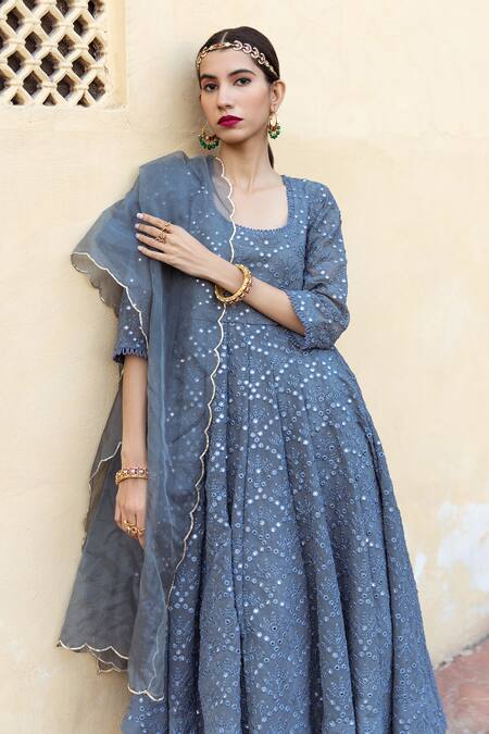 Buy_Gulabo Jaipur_Grey Anarkali Georgette And Pant Cotton, Dupatta Damini Mirror Embroidered Set_Online_at_Aza_Fashions