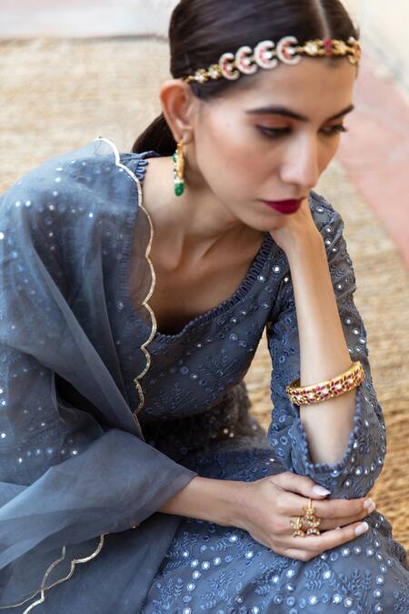 Shop_Gulabo Jaipur_Grey Anarkali Georgette And Pant Cotton, Dupatta Damini Mirror Embroidered Set_Online_at_Aza_Fashions
