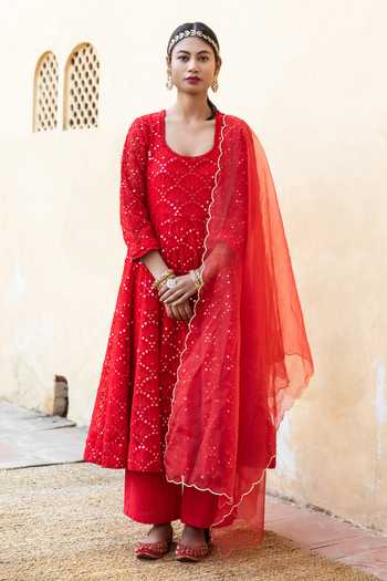 Gulabo Jaipur_Red Damini Mirror Embroidered Anarkali Set_Online_at_Aza_Fashions