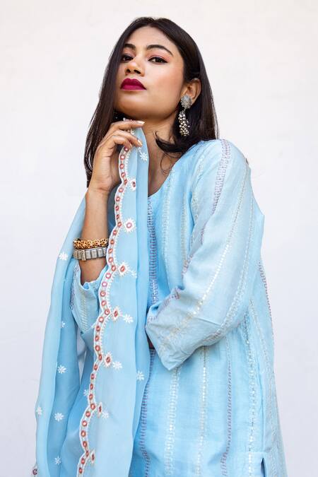 Buy_Gulabo Jaipur_Blue Dupatta Organza, Kurta And Pant Raw Silk Floral Barkha Embroidered Set_Online_at_Aza_Fashions
