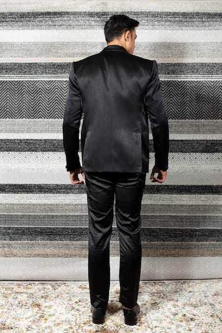 Shop Yajy By Aditya Jain Black Silk, Italian Suiting, Stretch Cotton Sequin Embroidered Tuxedo Set at Aza Fashions Shop_Yajy By Aditya Jain_Black Silk, Italian Suiting, Stretch Cotton Sequin Embroidered Tuxedo Set _at_Aza_Fashions