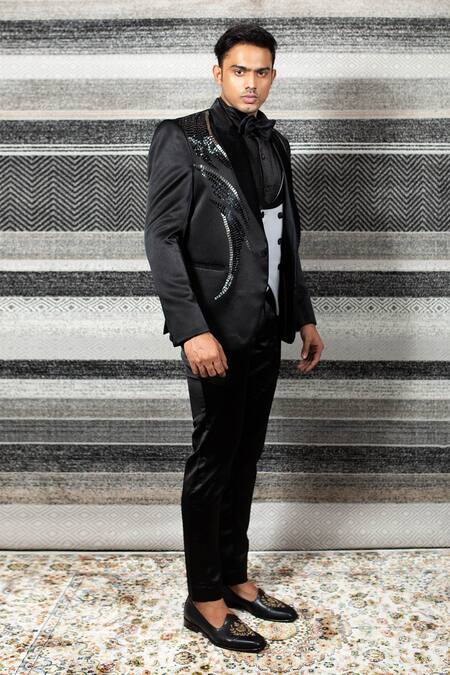 Yajy By Aditya Jain Black Silk, Italian Suiting, Stretch Cotton Sequin Embroidered Tuxedo Set Online at Aza Fashions Yajy By Aditya Jain_Black Silk, Italian Suiting, Stretch Cotton Sequin Embroidered Tuxedo Set _Online_at_Aza_Fashions