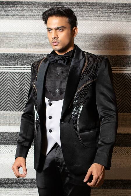 Buy Yajy By Aditya Jain Black Silk, Italian Suiting, Stretch Cotton Sequin Embroidered Tuxedo Set Online at Aza Fashions Buy_Yajy By Aditya Jain_Black Silk, Italian Suiting, Stretch Cotton Sequin Embroidered Tuxedo Set _Online_at_Aza_Fashions