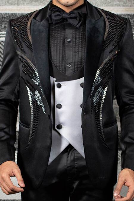 Shop Yajy By Aditya Jain Black Silk, Italian Suiting, Stretch Cotton Sequin Embroidered Tuxedo Set Online at Aza Fashions Shop_Yajy By Aditya Jain_Black Silk, Italian Suiting, Stretch Cotton Sequin Embroidered Tuxedo Set _Online_at_Aza_Fashions