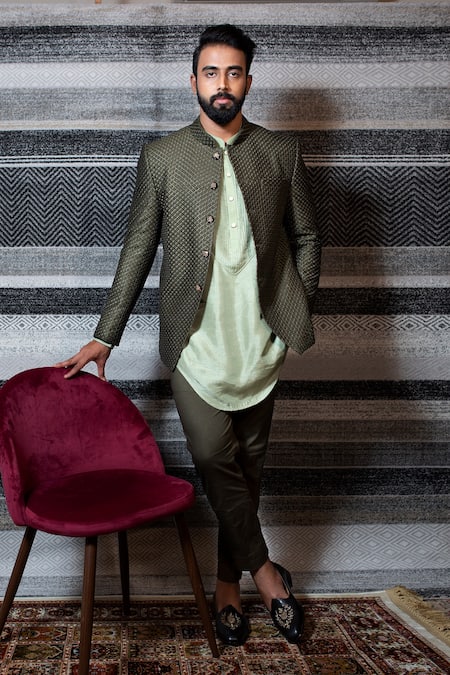 Yajy By Aditya Jain Green Handloom Silk, Stretch Cotton Embroidered Bandhgala And Trouser Set