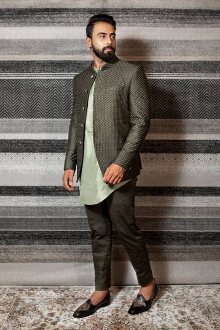 Buy_Yajy By Aditya Jain_Green Handloom Silk, Stretch Cotton Embroidered Bandhgala And Trouser Set _Online_at_Aza_Fashions