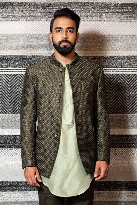 Shop_Yajy By Aditya Jain_Green Handloom Silk, Stretch Cotton Embroidered Bandhgala And Trouser Set _Online_at_Aza_Fashions