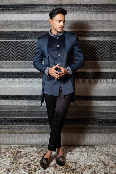 Yajy By Aditya Jain Blue Silk, Stretch Cotton Asymmetric Bandhgala And Trouser Set