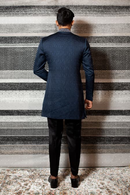 Shop Yajy By Aditya Jain Blue Silk, Stretch Cotton Asymmetric Bandhgala And Trouser Set at Aza Fashions Shop_Yajy By Aditya Jain_Blue Silk, Stretch Cotton Asymmetric Bandhgala And Trouser Set _at_Aza_Fashions