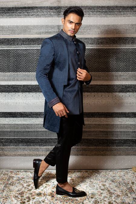 Yajy By Aditya Jain Blue Silk, Stretch Cotton Asymmetric Bandhgala And Trouser Set Online at Aza Fashions Yajy By Aditya Jain_Blue Silk, Stretch Cotton Asymmetric Bandhgala And Trouser Set _Online_at_Aza_Fashions