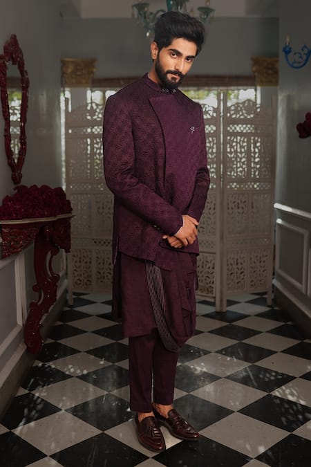 Yajy By Aditya Jain Purple Bandhgalaand Kurta Silk, Pant Italian Suiting Oshya Embroidered Set