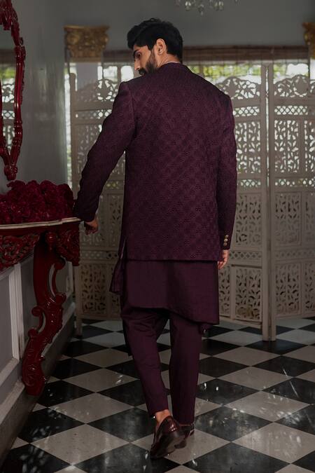 Yajy By Aditya Jain Purple Bandhgalaand Kurta Silk, Pant Italian Suiting Oshya Embroidered Set Online at Aza Fashions Yajy By Aditya Jain_Purple Bandhgalaand Kurta Silk, Pant Italian Suiting Oshya Embroidered Set _Online_at_Aza_Fashions