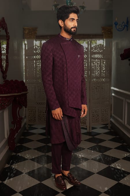 Shop Yajy By Aditya Jain Purple Bandhgalaand Kurta Silk, Pant Italian Suiting Oshya Embroidered Set at Aza Fashions Shop_Yajy By Aditya Jain_Purple Bandhgalaand Kurta Silk, Pant Italian Suiting Oshya Embroidered Set _at_Aza_Fashions