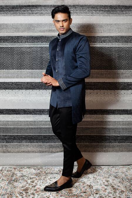 Buy Yajy By Aditya Jain Blue Silk, Stretch Cotton Asymmetric Bandhgala And Trouser Set Online at Aza Fashions Buy_Yajy By Aditya Jain_Blue Silk, Stretch Cotton Asymmetric Bandhgala And Trouser Set _Online_at_Aza_Fashions